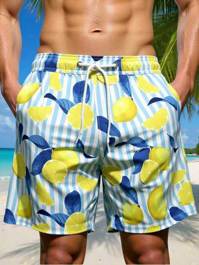 Manfinity Swimmode شورتات شاطئ كاجوال للرجال مطبوعة بخطوط وليمون
