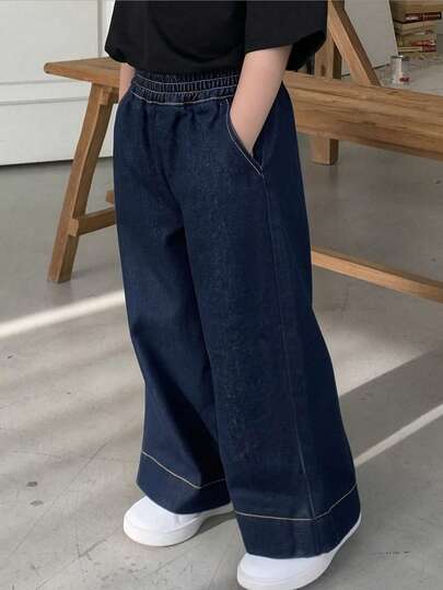 Dazy Kids بنطلون جينز فضفاض بخصر مطاطي وجيوب للفتيات الصغيرات