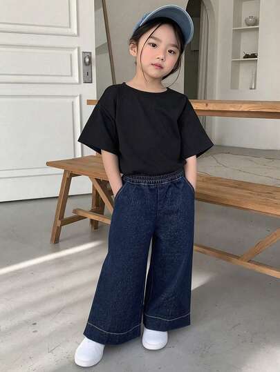 Dazy Kids بنطلون جينز فضفاض بخصر مطاطي وجيوب للفتيات الصغيرات