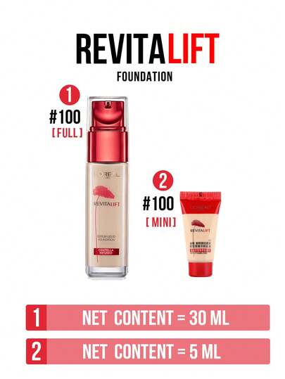 L’Oreal Paris 5/30 مل أساس مضاد للتجاعيد، درجة لون #100، مناسب لبشرة فاتحة، مُنكّه بمستخلص القرنفل الآسيوي لتغذية وإصلاح وترطيب البشرة، خفيف الوزن وغير لزج، يجمع بين فوائد العناية بالبشرة والمكياج.