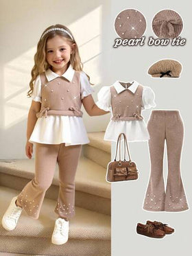 SHEIN ChillGRL مجموعة ملابس علوية للفتيات الصغيرات، مجموعة ملابس علوية كاجوال للربيع/الصيف مع تصميم فيونكة خاكي، قماش مضفر مخرز، ملابس علوية أبيض بأكمام قصيرة وحافة مكسرة مقترنة مع بنطلون خاكي مطرز باللؤلؤ واسع، مجموعة مكونة من قطعتين، مناسبة للعودة إلى ا