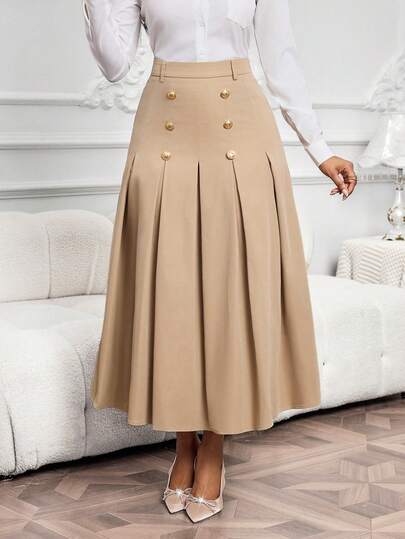 SHEIN Lady تنورة خاكي أنيقة مطوية بتصميم أزرار مزدوجة الصدر للنساء