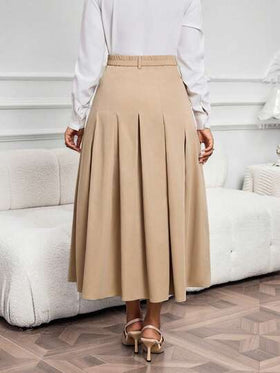 SHEIN Lady تنورة خاكي أنيقة مطوية بتصميم أزرار مزدوجة الصدر للنساء