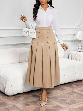 SHEIN Lady تنورة خاكي أنيقة مطوية بتصميم أزرار مزدوجة الصدر للنساء