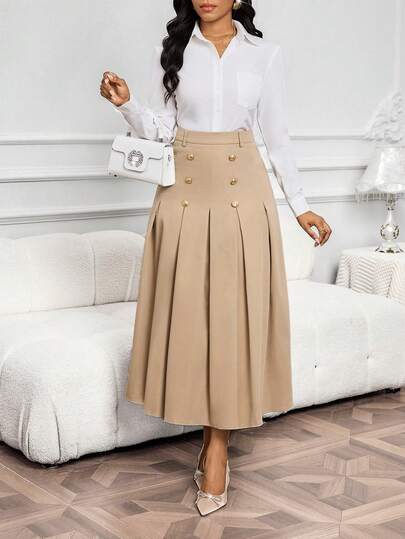 SHEIN Lady تنورة خاكي أنيقة مطوية بتصميم أزرار مزدوجة الصدر للنساء