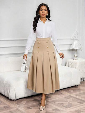 SHEIN Lady تنورة خاكي أنيقة مطوية بتصميم أزرار مزدوجة الصدر للنساء