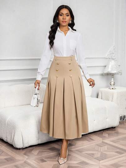 SHEIN Lady تنورة خاكي أنيقة مطوية بتصميم أزرار مزدوجة الصدر للنساء