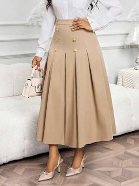 SHEIN Lady تنورة خاكي أنيقة مطوية بتصميم أزرار مزدوجة الصدر للنساء