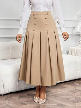SHEIN Lady تنورة خاكي أنيقة مطوية بتصميم أزرار مزدوجة الصدر للنساء