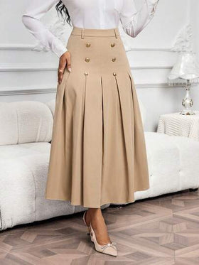 SHEIN Lady تنورة خاكي أنيقة مطوية بتصميم أزرار مزدوجة الصدر للنساء