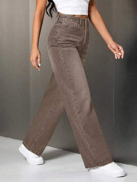 SHEIN PETITE سراويل جينز نسائية بخصر عالي وجيوب وساق واسعة فضفاضة وكاجوال