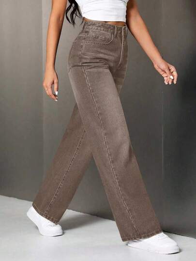 SHEIN PETITE سراويل جينز نسائية بخصر عالي وجيوب وساق واسعة فضفاضة وكاجوال