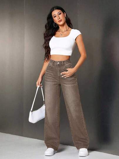 SHEIN PETITE سراويل جينز نسائية بخصر عالي وجيوب وساق واسعة فضفاضة وكاجوال