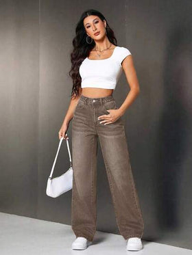SHEIN PETITE سراويل جينز نسائية بخصر عالي وجيوب وساق واسعة فضفاضة وكاجوال