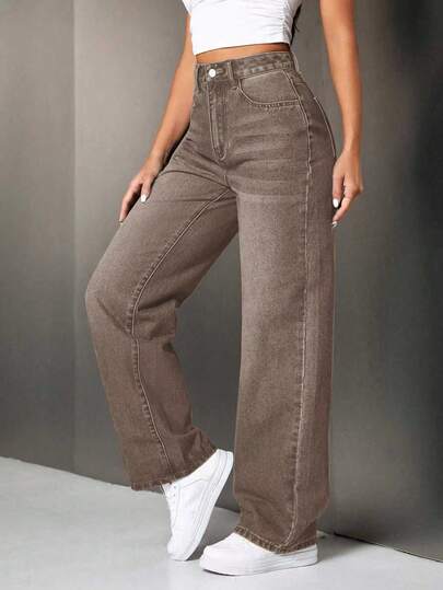 SHEIN PETITE سراويل جينز نسائية بخصر عالي وجيوب وساق واسعة فضفاضة وكاجوال