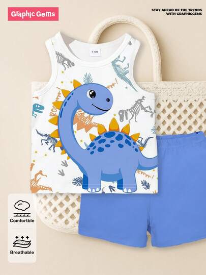 SHEIN Playful Pals مجموعة ملابس عادية للأطفال الصبية، ملابس علوية علوي مطبوع بطبعة ديناصور جميلة مع شورت أزرق، مناسب للارتداء في الخارج صيفًا، 2 قطعة