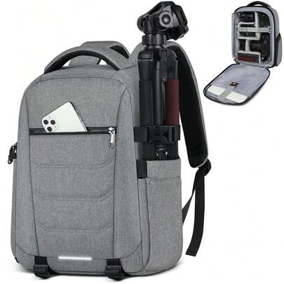 NEWHEY حقيبة ظهر احترافية لكاميرا DSLR و SLR و كاميرا لا مرآة مقاومة للماء مع حقيبة لحاسوب 14 بوصة وغطاء للمطر ومضادة للسرقة، حقيبة ظهر للتصوير بسعة كبيرة باللون الرمادي