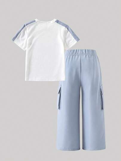 SHEIN Casuvi Kids مجموعة بنطلون وتي شيرت للبنات الصغيرات، تي شيرت بأكمام راجلان فضفاض وألوان متباينة مع طباعة حرف أمريكي كيوت وجذاب، بنطلون كارجو أزرق فاتح، مناسب للبيت والسفر والرياضة والخارج والاستخدام اليومي
