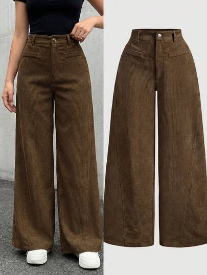 SHEIN بنطلون كورد ذو لون أحادي بتصميم رجعي بسيط، بنطلون ساق واسعة باللون الخاكي، بنطلون خريفي/شتوي