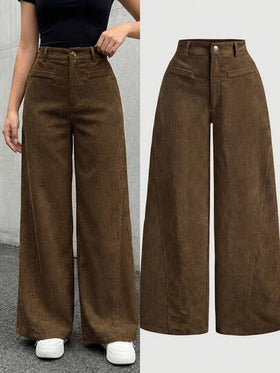 SHEIN بنطلون كورد ذو لون أحادي بتصميم رجعي بسيط، بنطلون ساق واسعة باللون الخاكي، بنطلون خريفي/شتوي