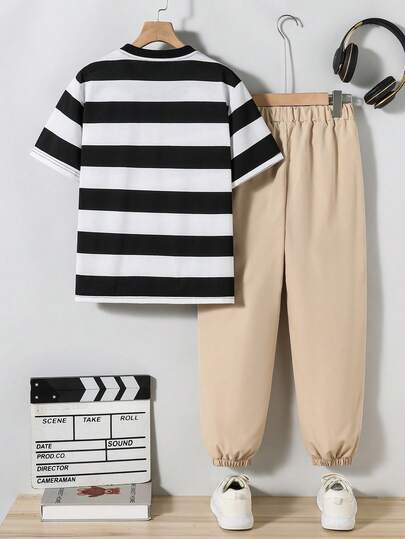 SHEIN Vacaura مجموعة ملابس مكونة من تي شيرت مخطط أبيض وأسود وبنطلون أسود عصري مناسب للمراهقين، مناسب للارتداء اليومي في الربيع والصيف والخريف