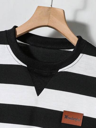 SHEIN Vacaura مجموعة ملابس مكونة من تي شيرت مخطط أبيض وأسود وبنطلون أسود عصري مناسب للمراهقين، مناسب للارتداء اليومي في الربيع والصيف والخريف