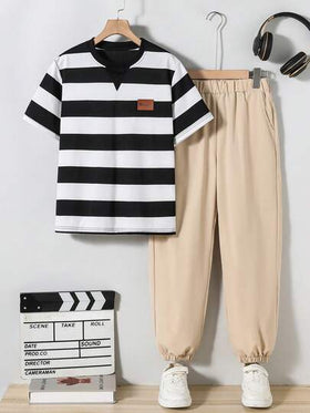 SHEIN Vacaura مجموعة ملابس مكونة من تي شيرت مخطط أبيض وأسود وبنطلون أسود عصري مناسب للمراهقين، مناسب للارتداء اليومي في الربيع والصيف والخريف