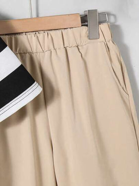 SHEIN Vacaura مجموعة ملابس مكونة من تي شيرت مخطط أبيض وأسود وبنطلون أسود عصري مناسب للمراهقين، مناسب للارتداء اليومي في الربيع والصيف والخريف