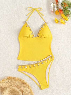 Swim Mod طقم سترة وبكيني أزرق جذاب على الطراز الأوروبي والأمريكي مزين بالأصداف البحرية، ملابس سباحة مخصرة للنساء، مناسبة للعطلات الشاطئية