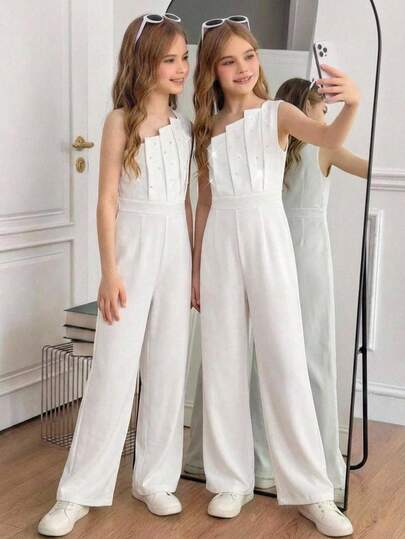 SHEIN جمبسوت رسمية أنيقة للفتيات المراهقات بتصميم مكشكش غير متماثل على الكتف مزين بالخرز، جمبسوت قطنية بيضاء فضفاضة ذات لون أحادي