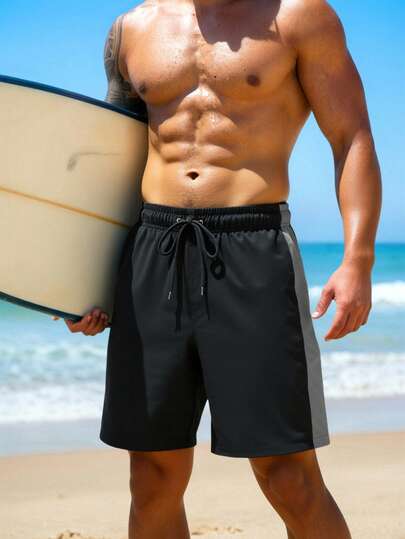 Manfinity Swimmode شورت شاطئ فضفاض للرجال مع خصر مرن وجيوب مائلة، مناسب للصيف والعطلات على الشاطئ