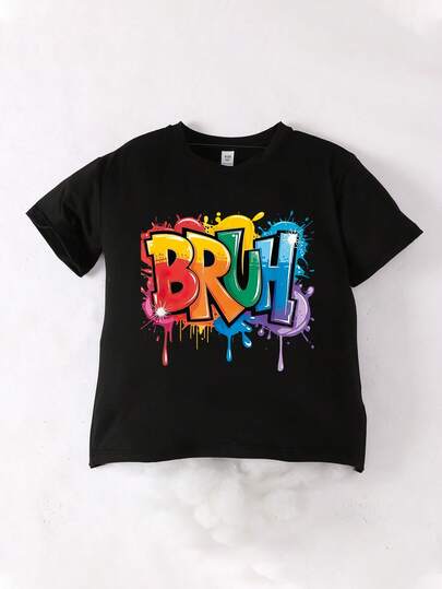 قميص تي شيرت كاجوال بأكمام قصيرة وياقة دائرية للمراهقين/الأولاد بطباعة حرف "Bruh"، طباعة ملونة، جديد لفصلي الربيع والصيف