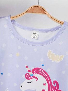 Genkimix Kids مجموعة بيجامة بطبعة وحيد القرن الكرتونية الجميلة والبسيطة للفتيات الصغيرات، بأكمام قصيرة وبنطلون طويل، باللونين الأزرق والأبيض، قطعتان