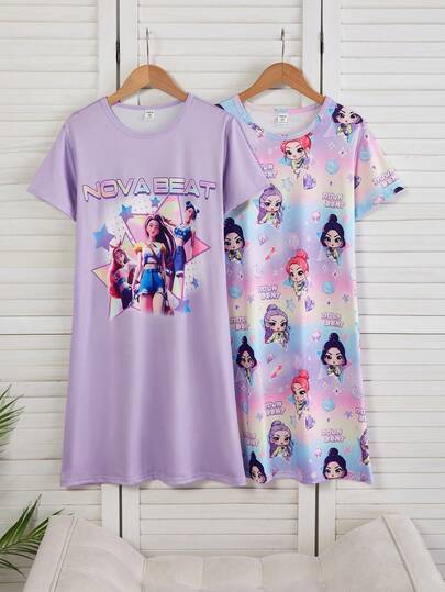 بنطلون نوم طويل بياقة مستديرة وأكمام قصيرة مريح من قطعتين بنمط الخروف الجميل للفتيات