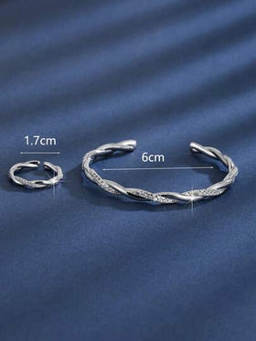 1 قطعة مجموعة سوار وخاتم مطلي أنيق مزين بالزركون المكعب المجدول، مناسب كهدية عيد ميلاد للسيدات
