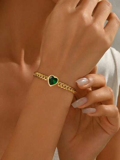 VceTd سوار ذو سلسلة قلب وسوط ركوب من الفولاذ المقاوم للصدأ بتصميم أنيق وعتيق، سوار قلب أخضر زمردي وأبيض، مجوهرات للأزواج، مجوهرات رقيقة، تصميم شخصي أنيق، مناسب للارتداء اليومي والمناسبات العائلية وأعياد الحب