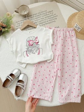 SHEIN LMoss Kids مجموعة من قميص T-شيرت ذو رقبة دائرية بلون أحادي وبنطلون فضفاض كاجوال للفتيات الصغيرات، 2 قطعة