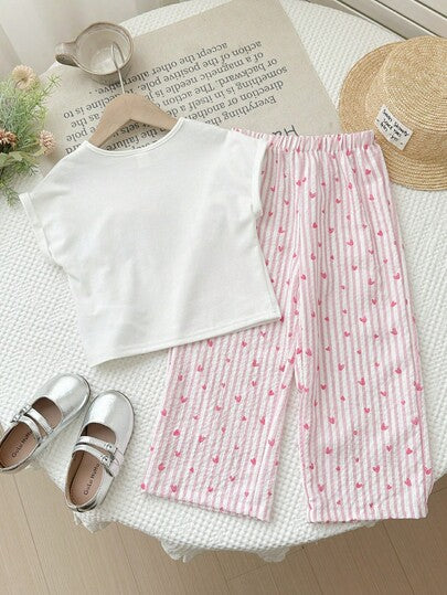 SHEIN LMoss Kids مجموعة من قميص T-شيرت ذو رقبة دائرية بلون أحادي وبنطلون فضفاض كاجوال للفتيات الصغيرات، 2 قطعة