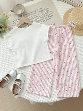 SHEIN LMoss Kids مجموعة من قميص T-شيرت ذو رقبة دائرية بلون أحادي وبنطلون فضفاض كاجوال للفتيات الصغيرات، 2 قطعة