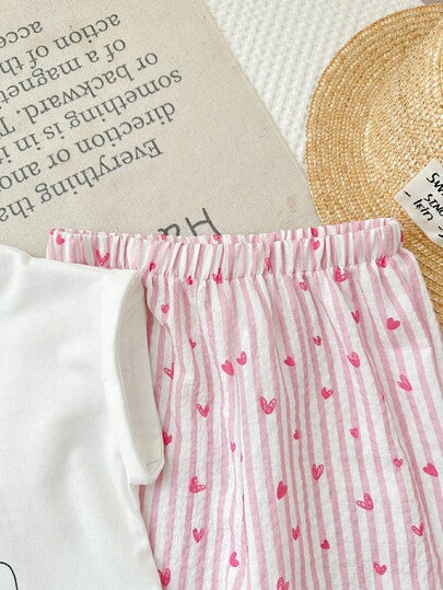 SHEIN LMoss Kids مجموعة من قميص T-شيرت ذو رقبة دائرية بلون أحادي وبنطلون فضفاض كاجوال للفتيات الصغيرات، 2 قطعة