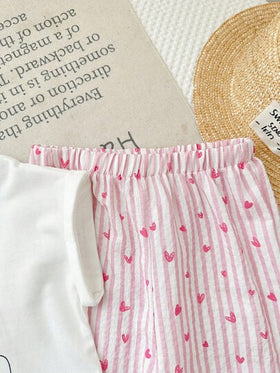 SHEIN LMoss Kids مجموعة من قميص T-شيرت ذو رقبة دائرية بلون أحادي وبنطلون فضفاض كاجوال للفتيات الصغيرات، 2 قطعة
