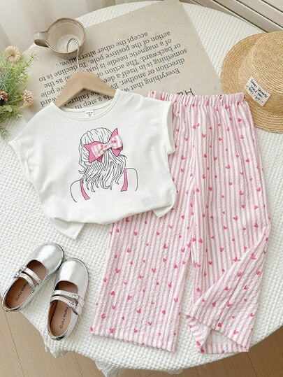 SHEIN LMoss Kids مجموعة من قميص T-شيرت ذو رقبة دائرية بلون أحادي وبنطلون فضفاض كاجوال للفتيات الصغيرات، 2 قطعة