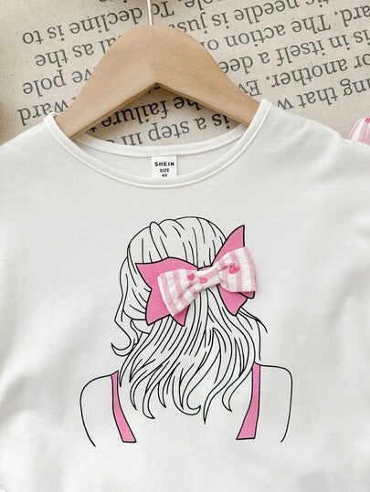 SHEIN LMoss Kids مجموعة من قميص T-شيرت ذو رقبة دائرية بلون أحادي وبنطلون فضفاض كاجوال للفتيات الصغيرات، 2 قطعة