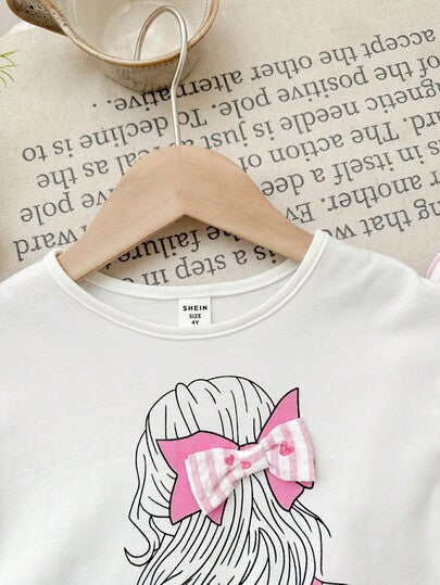 SHEIN LMoss Kids مجموعة من قميص T-شيرت ذو رقبة دائرية بلون أحادي وبنطلون فضفاض كاجوال للفتيات الصغيرات، 2 قطعة