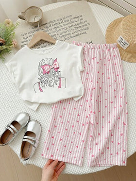 SHEIN LMoss Kids مجموعة من قميص T-شيرت ذو رقبة دائرية بلون أحادي وبنطلون فضفاض كاجوال للفتيات الصغيرات، 2 قطعة