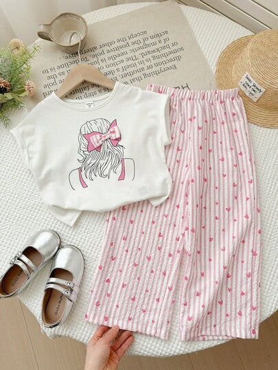 SHEIN LMoss Kids مجموعة من قميص T-شيرت ذو رقبة دائرية بلون أحادي وبنطلون فضفاض كاجوال للفتيات الصغيرات، 2 قطعة