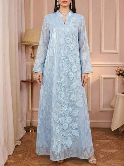 Solessence رمضان عباءة نسائية أنيقة، ذات رقبة على شكل حرف V، مطرزة ومزينة بالخرز، جلابية طويلة، مناسبة للحفلات والمناسبات والارتداء اليومي والاستخدام المنزلي