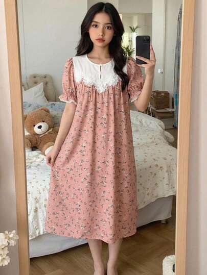 SHEIN فستان كاجوال مريح للفتيات المراهقات بأكمام منتفخة وألوان متباينة مع طبعات زهرية