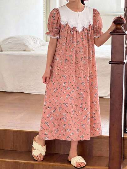 SHEIN فستان كاجوال مريح للفتيات المراهقات بأكمام منتفخة وألوان متباينة مع طبعات زهرية