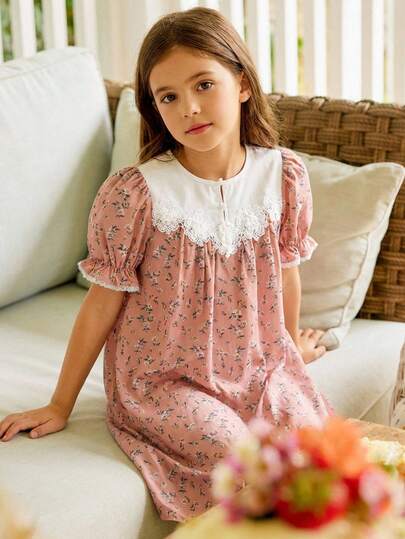 SHEIN فستان كاجوال مريح للفتيات المراهقات بأكمام منتفخة وألوان متباينة مع طبعات زهرية